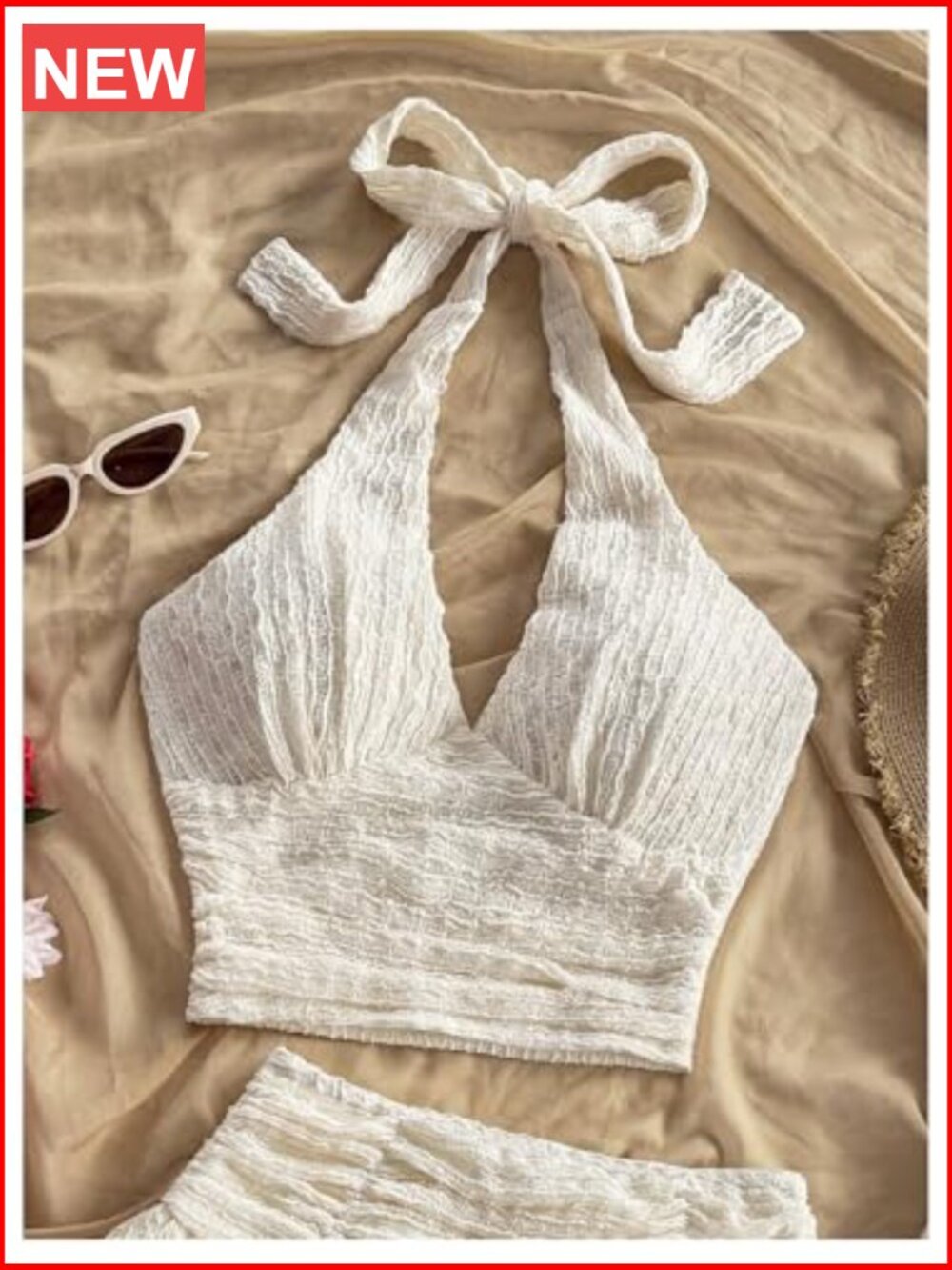 2 Piece Beach Vacation Outfit Ruched Halter Crop Top Ruffle Mini Skirt Set - Picture 3 of 5